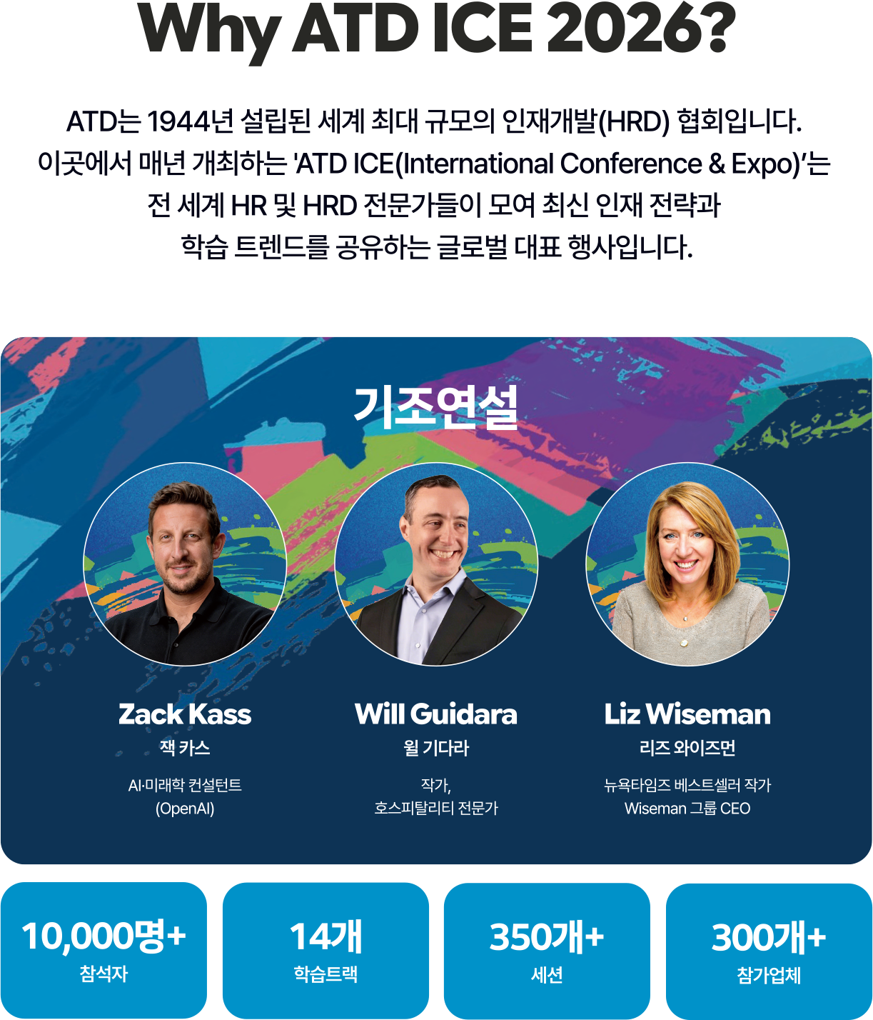 Why ATD ICE 2026? 기조연설: Zack Kass, Will Guidara, Liz Wiseman. 10,000명+ 참석자, 14개 학습트랙, 350개+ 세션, 300개+ 참가업체